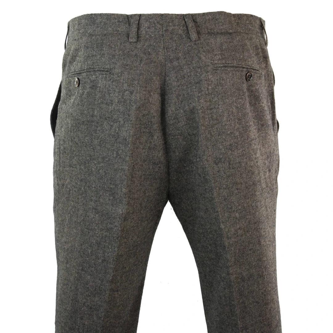 Mens Herringbone Vintage Retro Check Wool Trousers Blinders - Knighthood Store