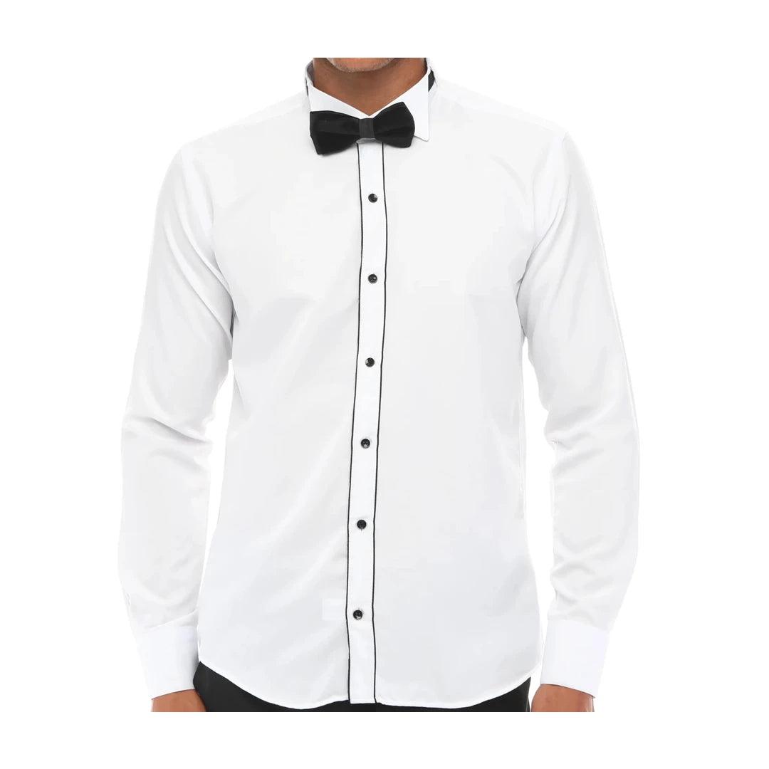 Mens Wing Collar Shirt Tuxedo White Black Piping Double Cuff Dinner Classic - Knighthood Store