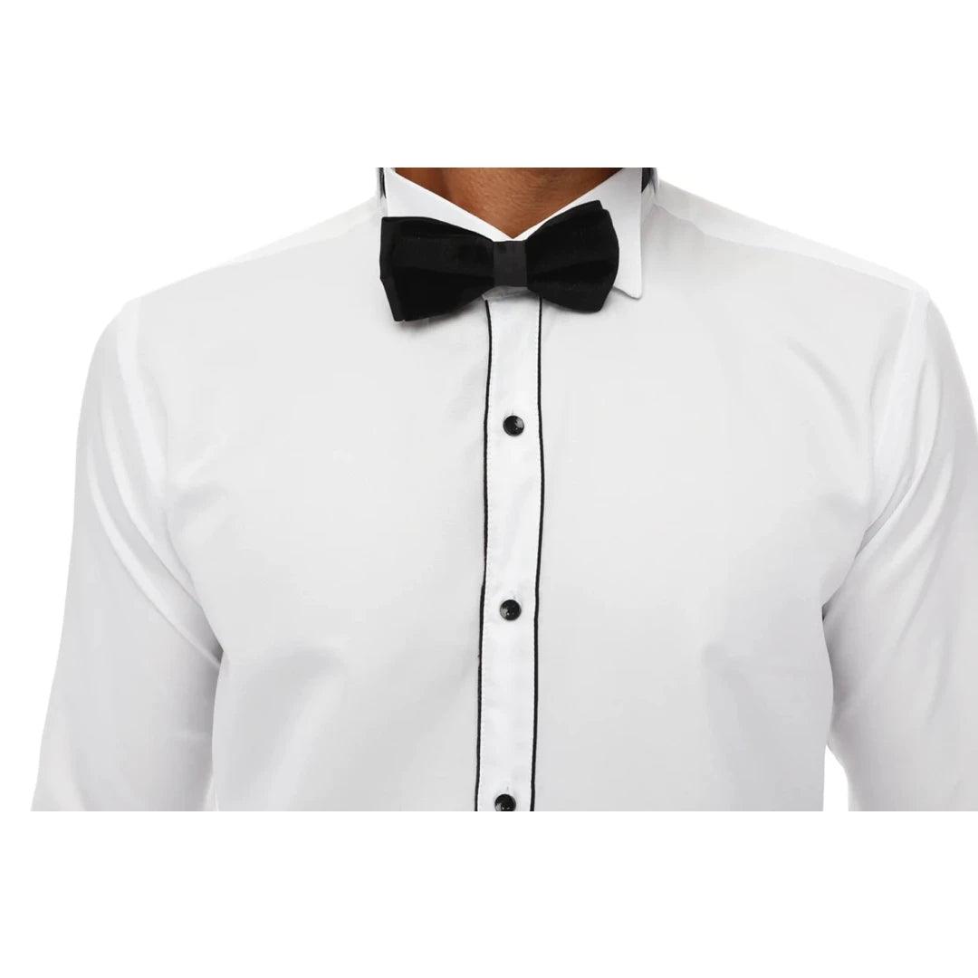 Mens Wing Collar Shirt Tuxedo White Black Piping Double Cuff Dinner Classic - Knighthood Store