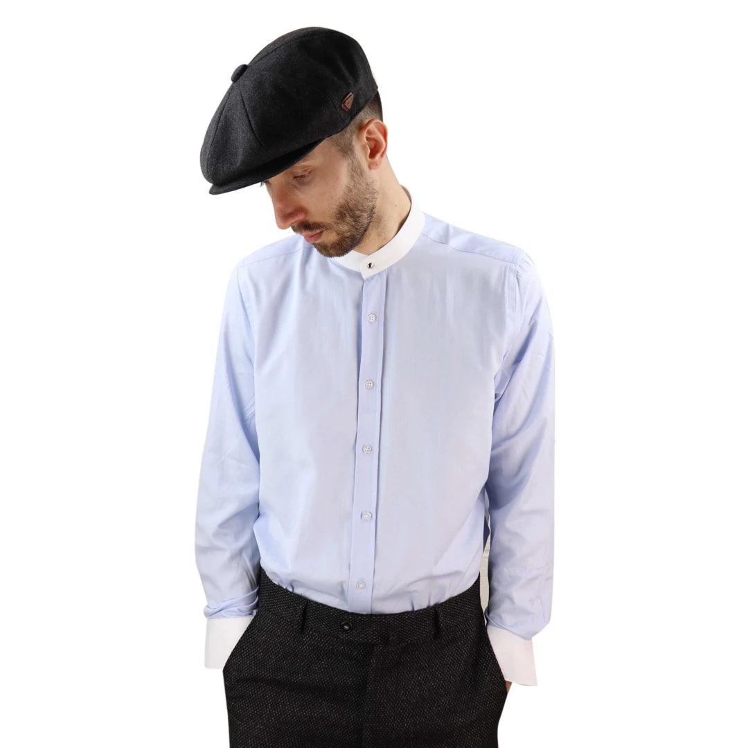 Mens Peaky Blinders Herringbone Shirt Detachable Collar Penny Button Collarless - Knighthood Store