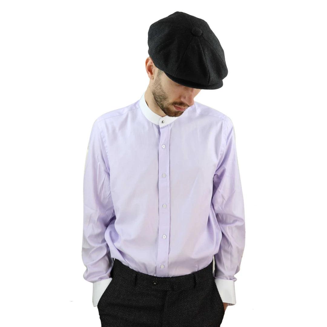 Mens Peaky Blinders Herringbone Shirt Detachable Collar Penny Button Collarless - Knighthood Store
