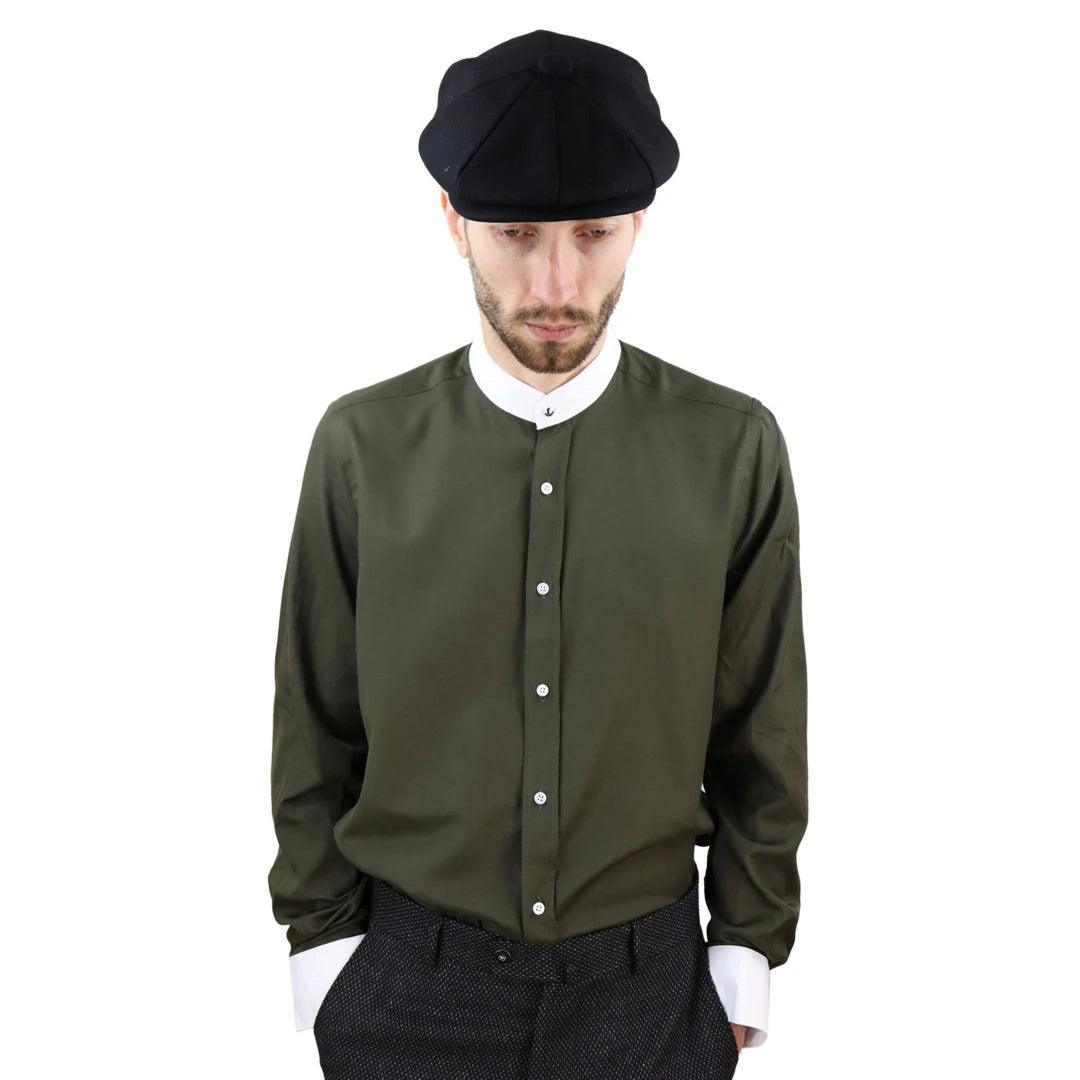 Mens Peaky Blinders Herringbone Shirt Detachable Collar Penny Button Collarless - Knighthood Store