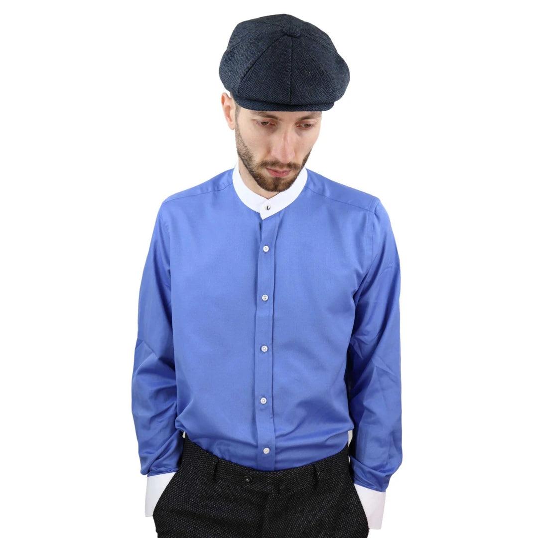 Mens Peaky Blinders Herringbone Shirt Detachable Collar Penny Button Collarless - Knighthood Store