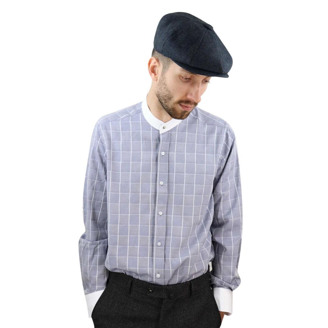 Mens Peaky Blinders Shirt Removable Collar Penny Button Check Nehru Collarless - Knighthood Store