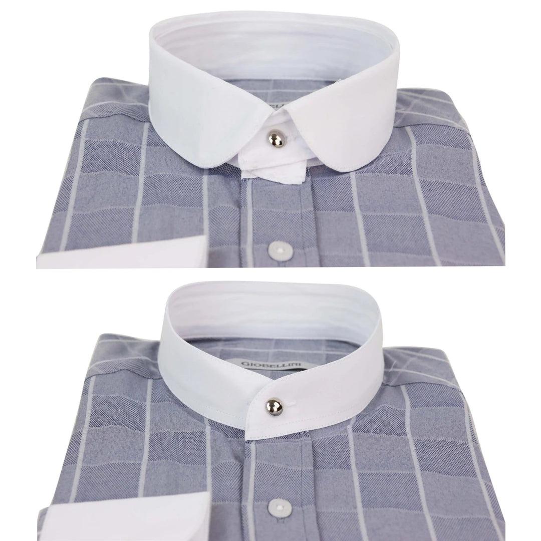 Mens Peaky Blinders Shirt Removable Collar Penny Button Check Nehru Collarless - Knighthood Store