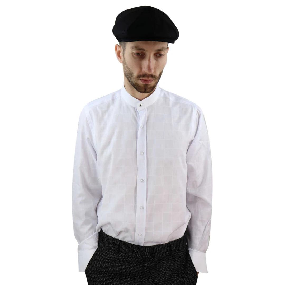 Mens Peaky Blinders Shirt Removable Collar Penny Button Check Nehru Collarless - Knighthood Store