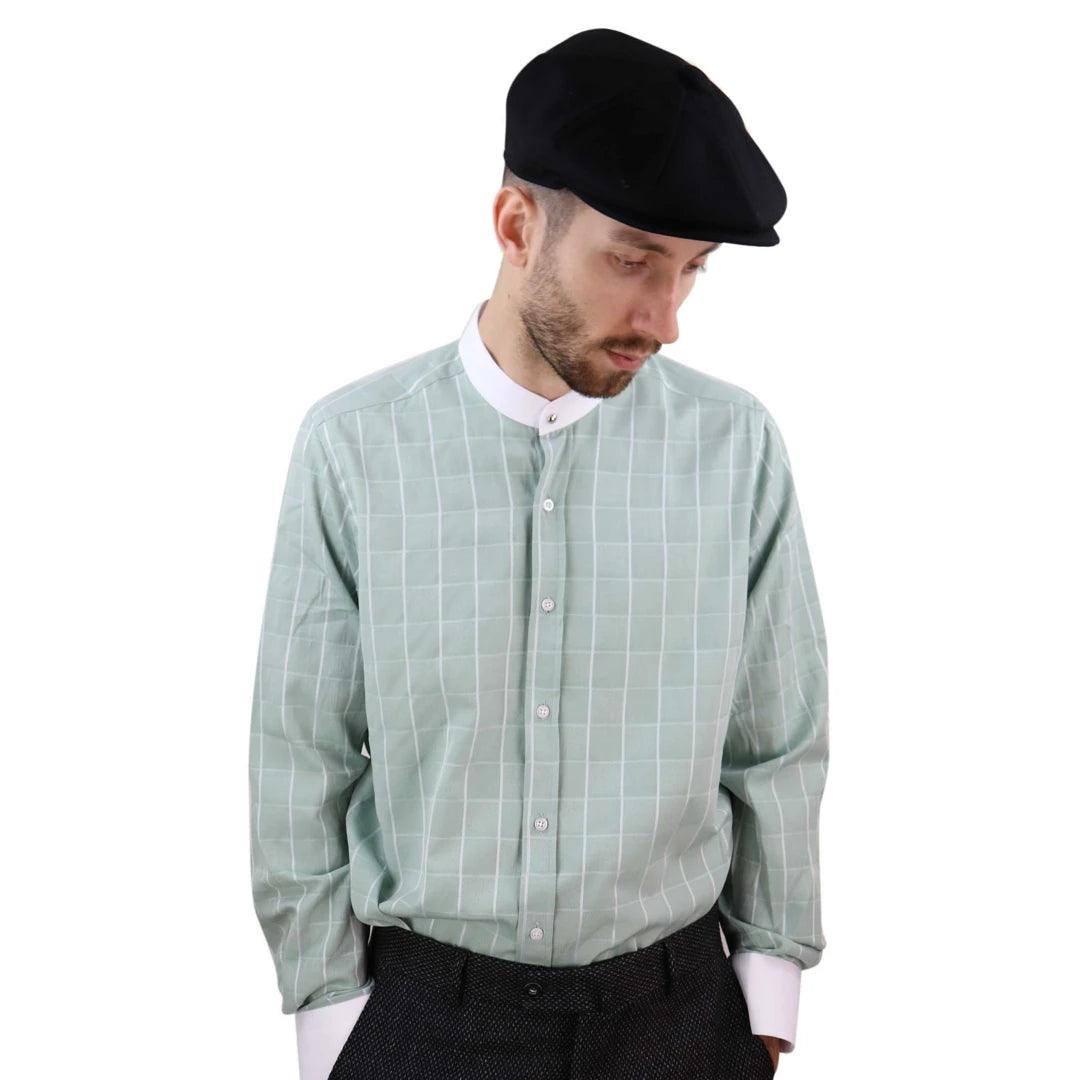 Mens Peaky Blinders Shirt Removable Collar Penny Button Check Nehru Collarless - Knighthood Store