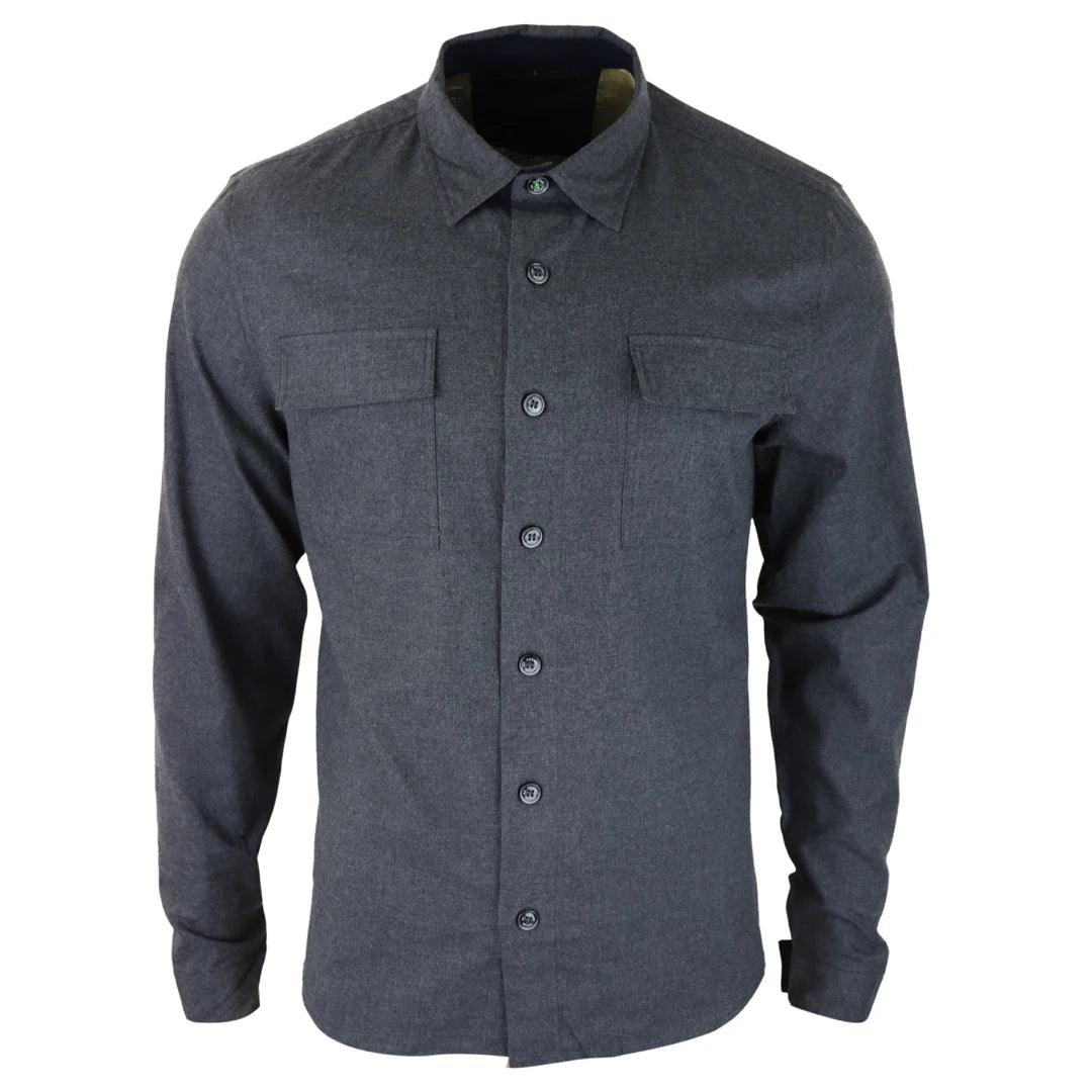 Mens Smart Casual Over Shirt Grey Navy Relaxed Fit Classic Button Down Pockets - Knighthood Store