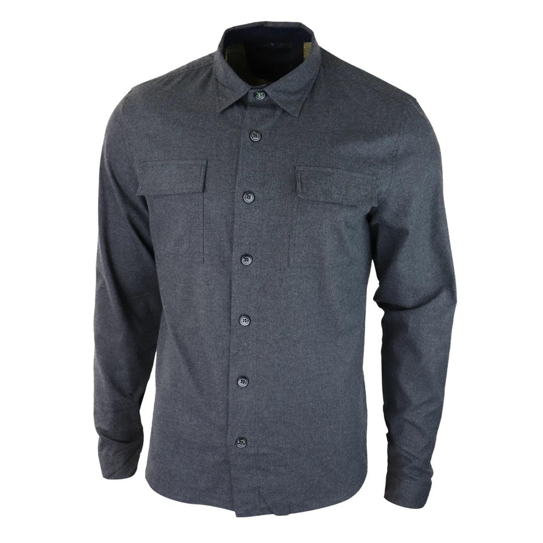 Mens Smart Casual Over Shirt Grey Navy Relaxed Fit Classic Button Down Pockets - Knighthood Store