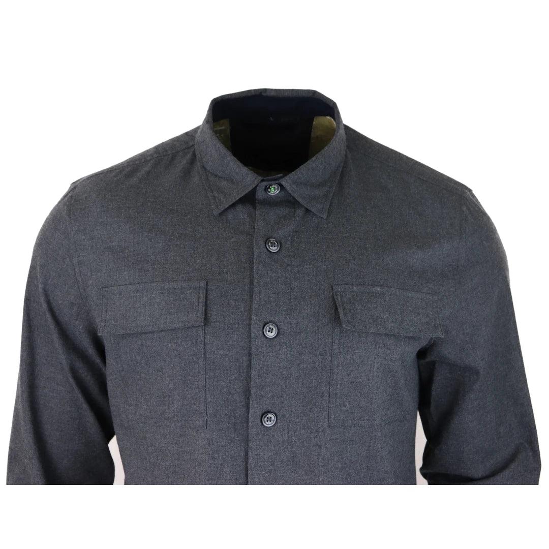 Mens Smart Casual Over Shirt Grey Navy Relaxed Fit Classic Button Down Pockets - Knighthood Store