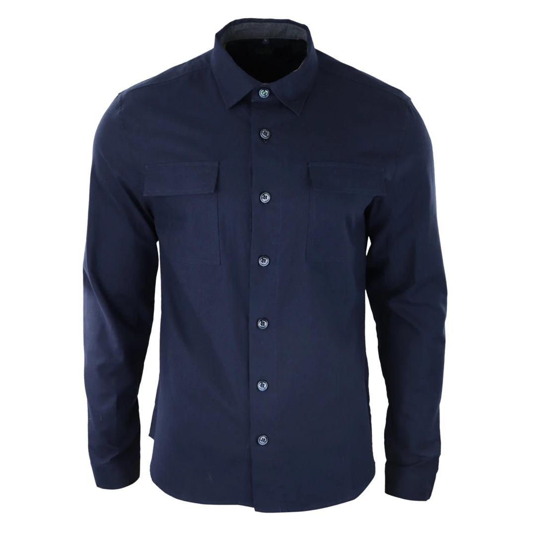 Mens Smart Casual Over Shirt Grey Navy Relaxed Fit Classic Button Down Pockets - Knighthood Store