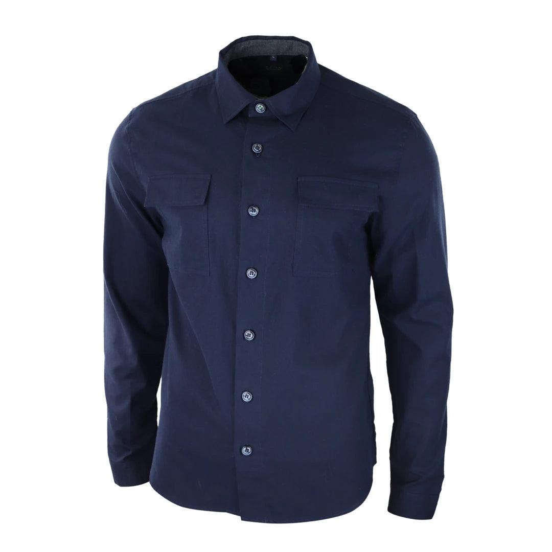 Mens Smart Casual Over Shirt Grey Navy Relaxed Fit Classic Button Down Pockets - Knighthood Store