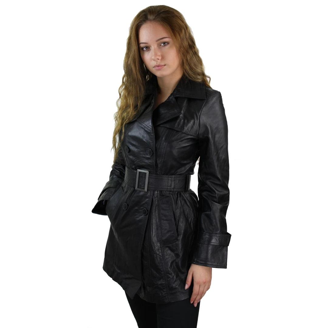 Women's 100% Real Mid Length Military Blazer Retro Leather Jacket Black - Knighthood Store