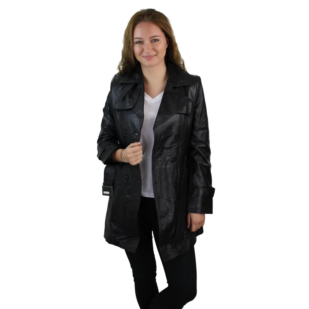 Women's 100% Real Mid Length Military Blazer Retro Leather Jacket Black - Knighthood Store