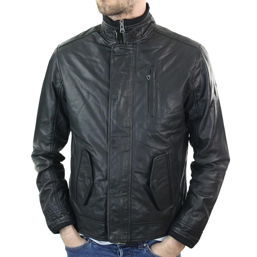 Mens Genuine Leather Zipped Vintage Black Smart Casual Jacket Short Coat Retro - Knighthood Store