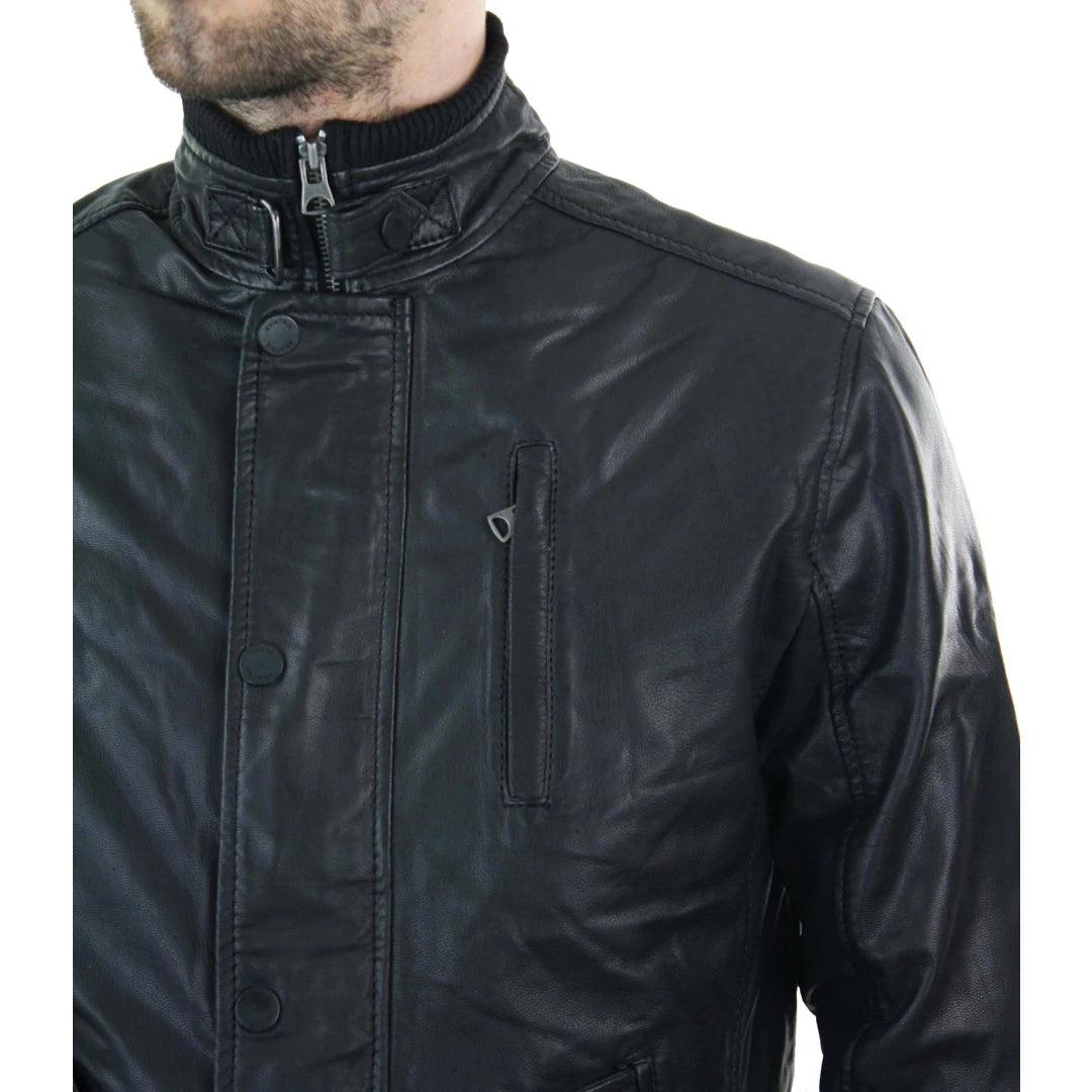 Mens Genuine Leather Zipped Vintage Black Smart Casual Jacket Short Coat Retro - Knighthood Store