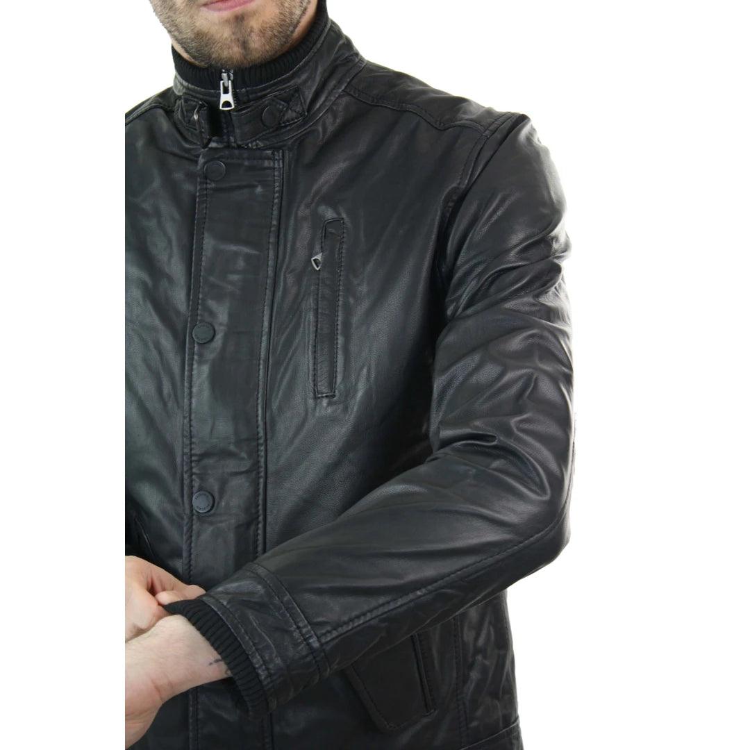 Mens Genuine Leather Zipped Vintage Black Smart Casual Jacket Short Coat Retro - Knighthood Store