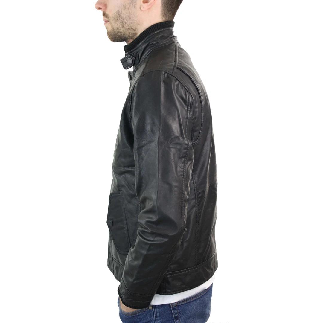 Mens Genuine Leather Zipped Vintage Black Smart Casual Jacket Short Coat Retro - Knighthood Store