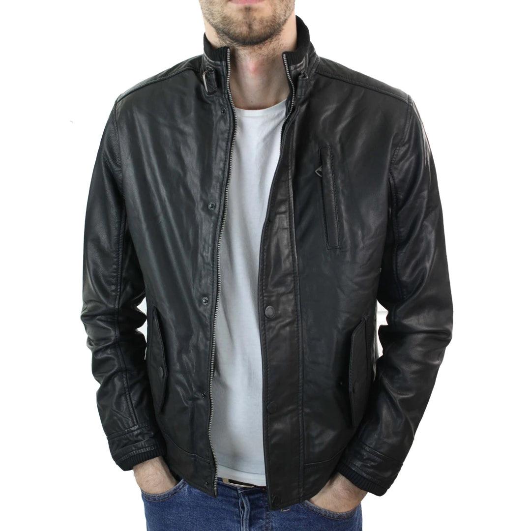 Mens Genuine Leather Zipped Vintage Black Smart Casual Jacket Short Coat Retro - Knighthood Store