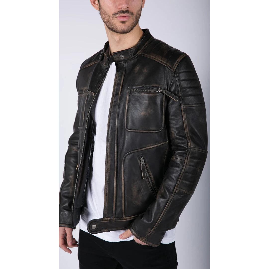 Mens Retro Real Leather Black Brown Washed Jacket Biker Style Zipped - Knighthood Store