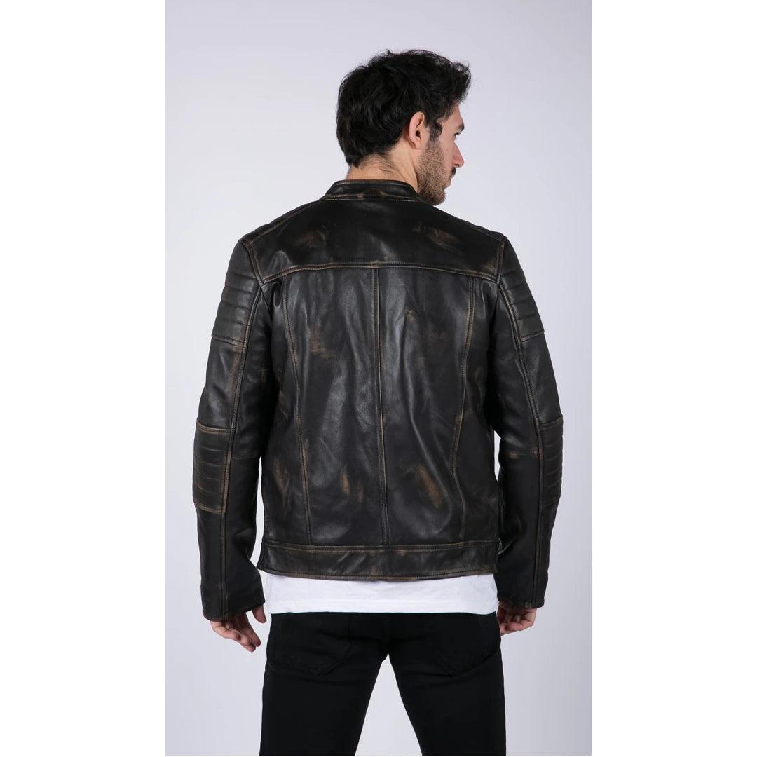Mens Retro Real Leather Black Brown Washed Jacket Biker Style Zipped - Knighthood Store