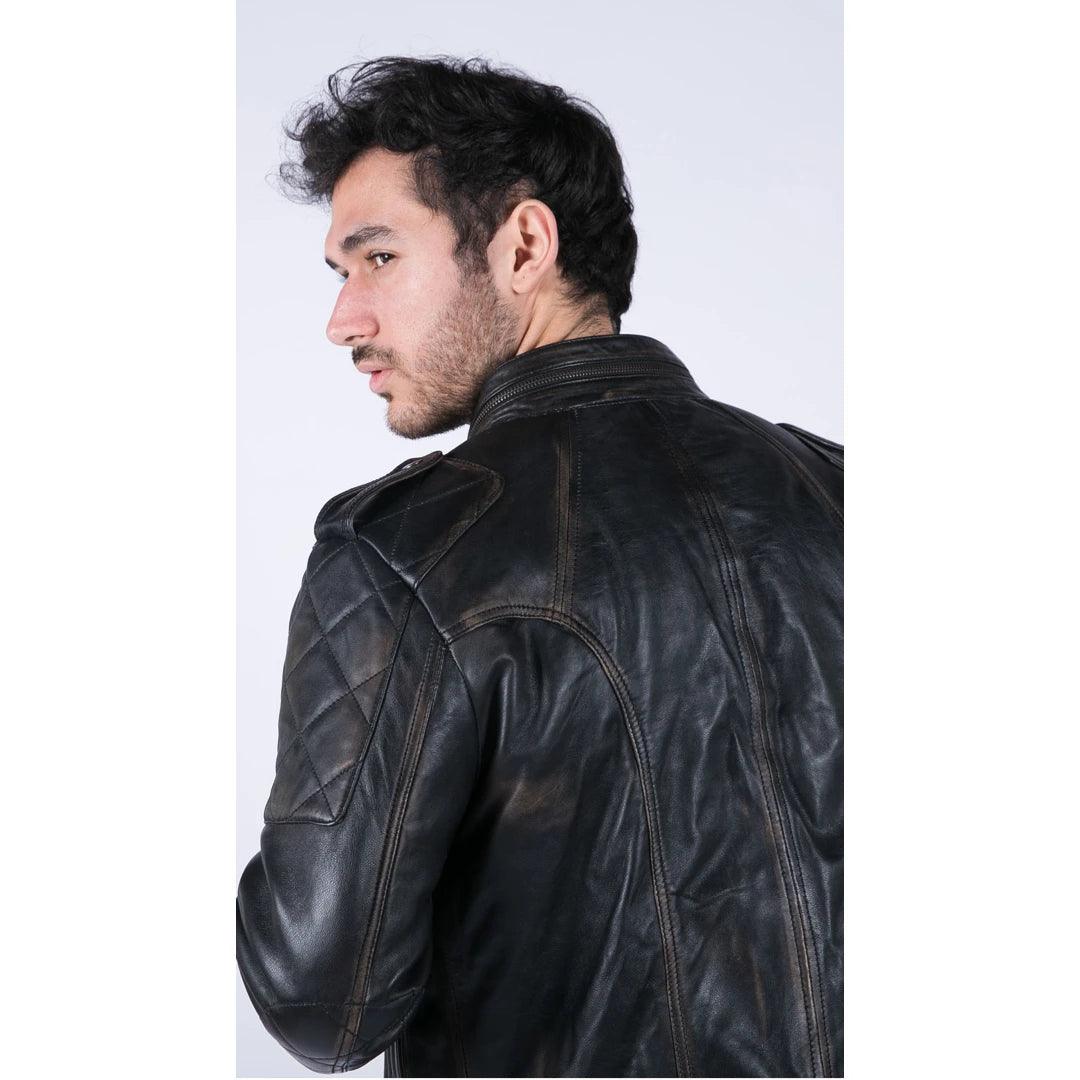 Mens Retro Real Leather Black Brown Washed Racer Jacket Biker Zipped Slim - Knighthood Store
