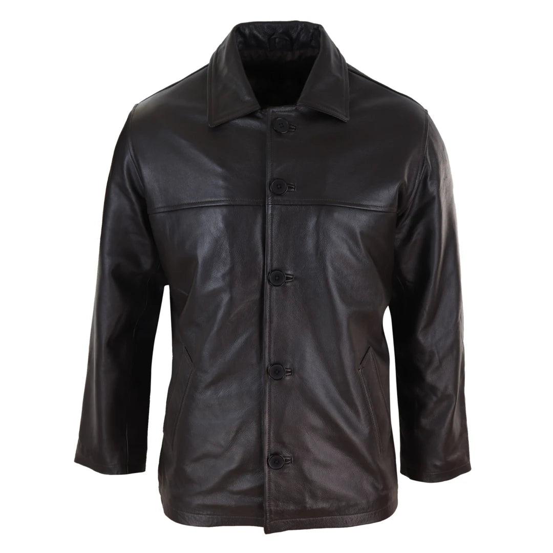 Mens Casual Real Leather Jacket Button Box Black Brown Mid Length Classic Coat - Knighthood Store