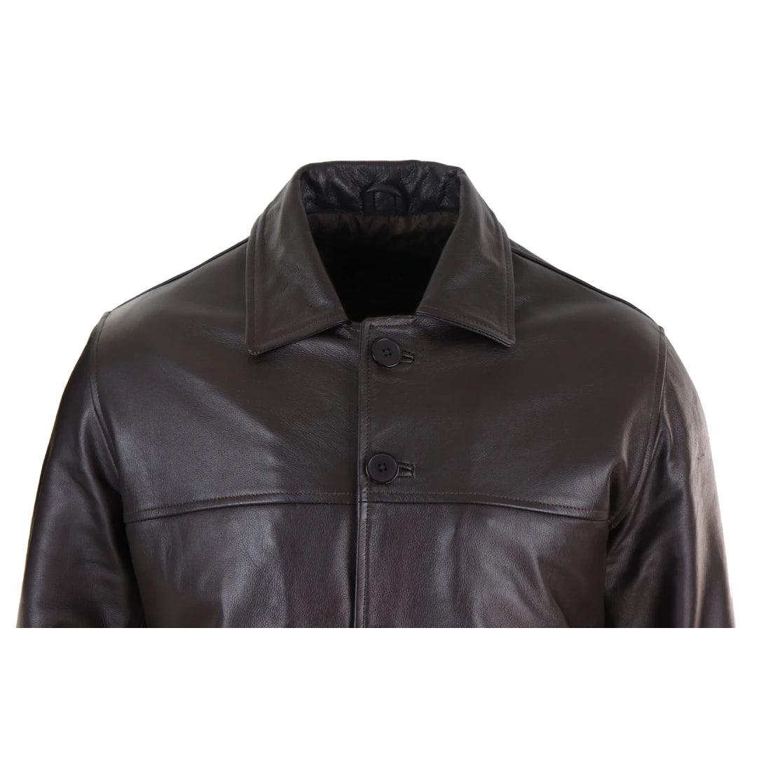 Mens Casual Real Leather Jacket Button Box Black Brown Mid Length Classic Coat - Knighthood Store