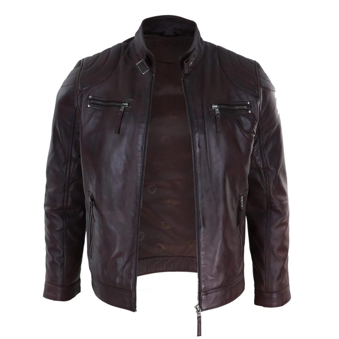 Mens Biker Zip Jacket Real Leather Casual Light Short Classic Retro Motorcycle - Knighthood Store