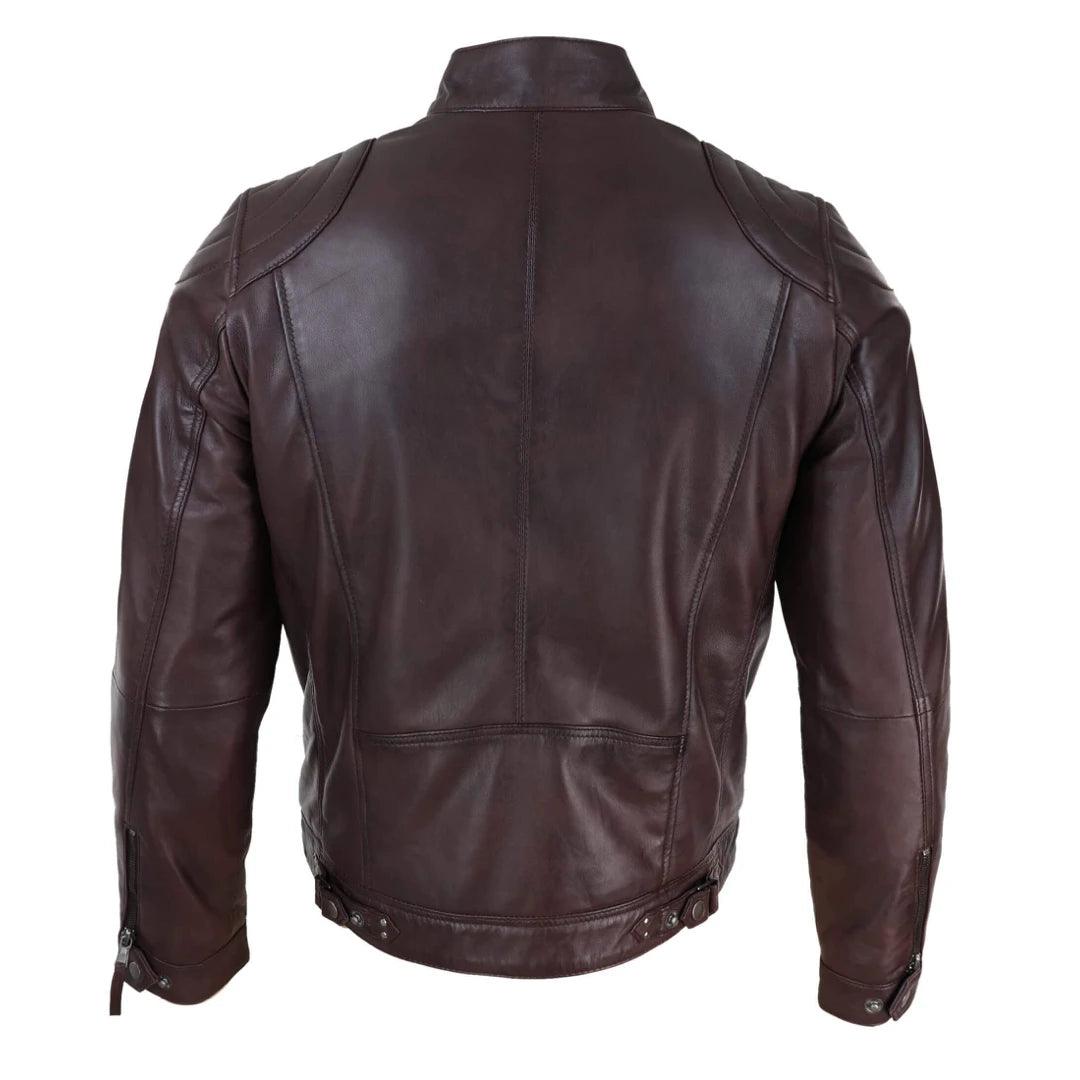 Mens Biker Zip Jacket Real Leather Casual Light Short Classic Retro Motorcycle - Knighthood Store