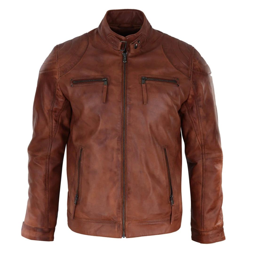 Mens Biker Zip Jacket Real Leather Casual Light Short Classic Retro Motorcycle - Knighthood Store