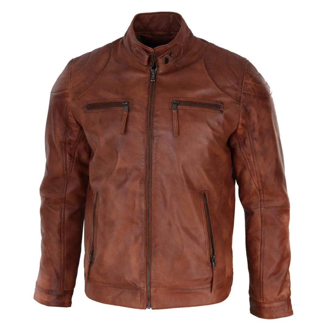 Mens Biker Zip Jacket Real Leather Casual Light Short Classic Retro Motorcycle - Knighthood Store