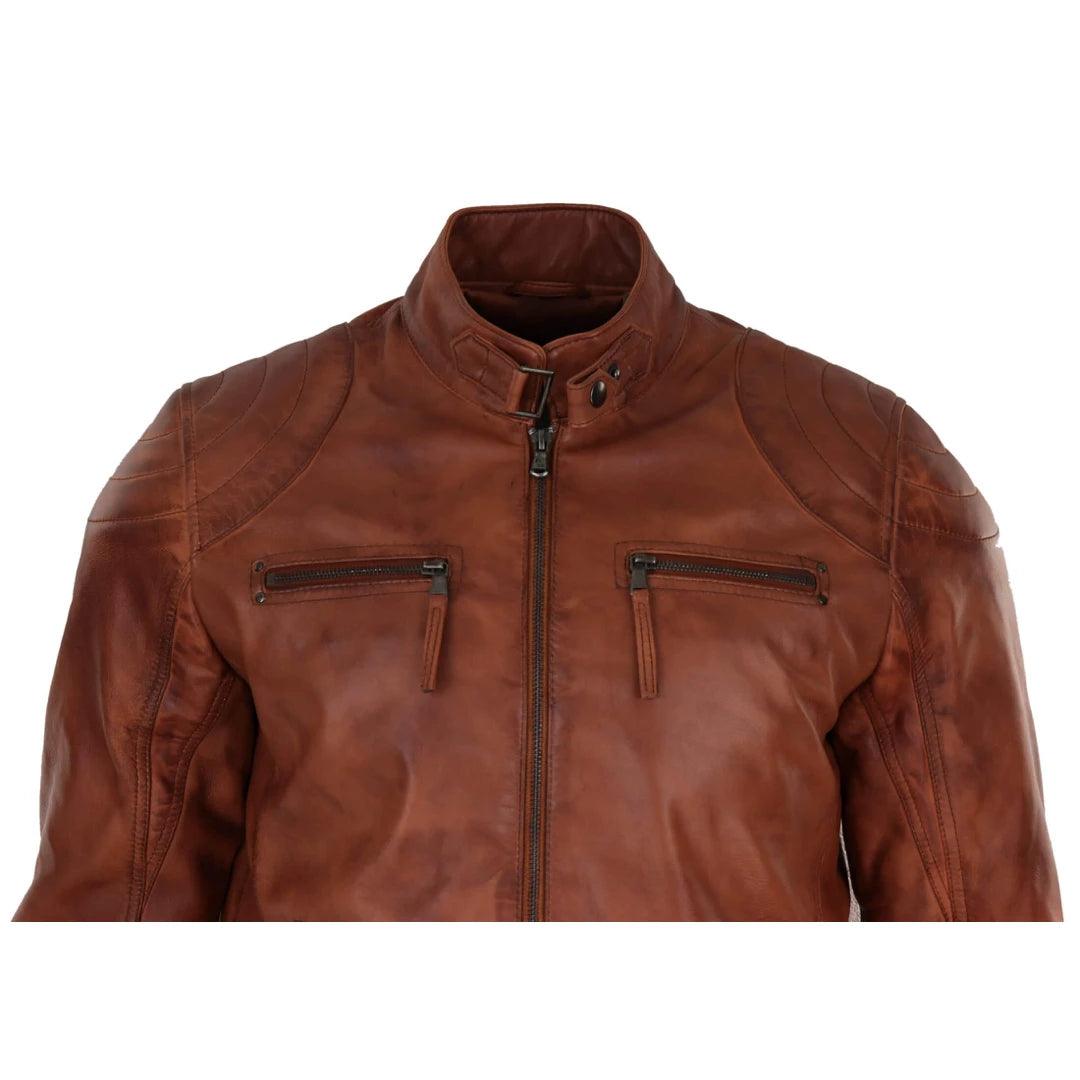 Mens Biker Zip Jacket Real Leather Casual Light Short Classic Retro Motorcycle - Knighthood Store