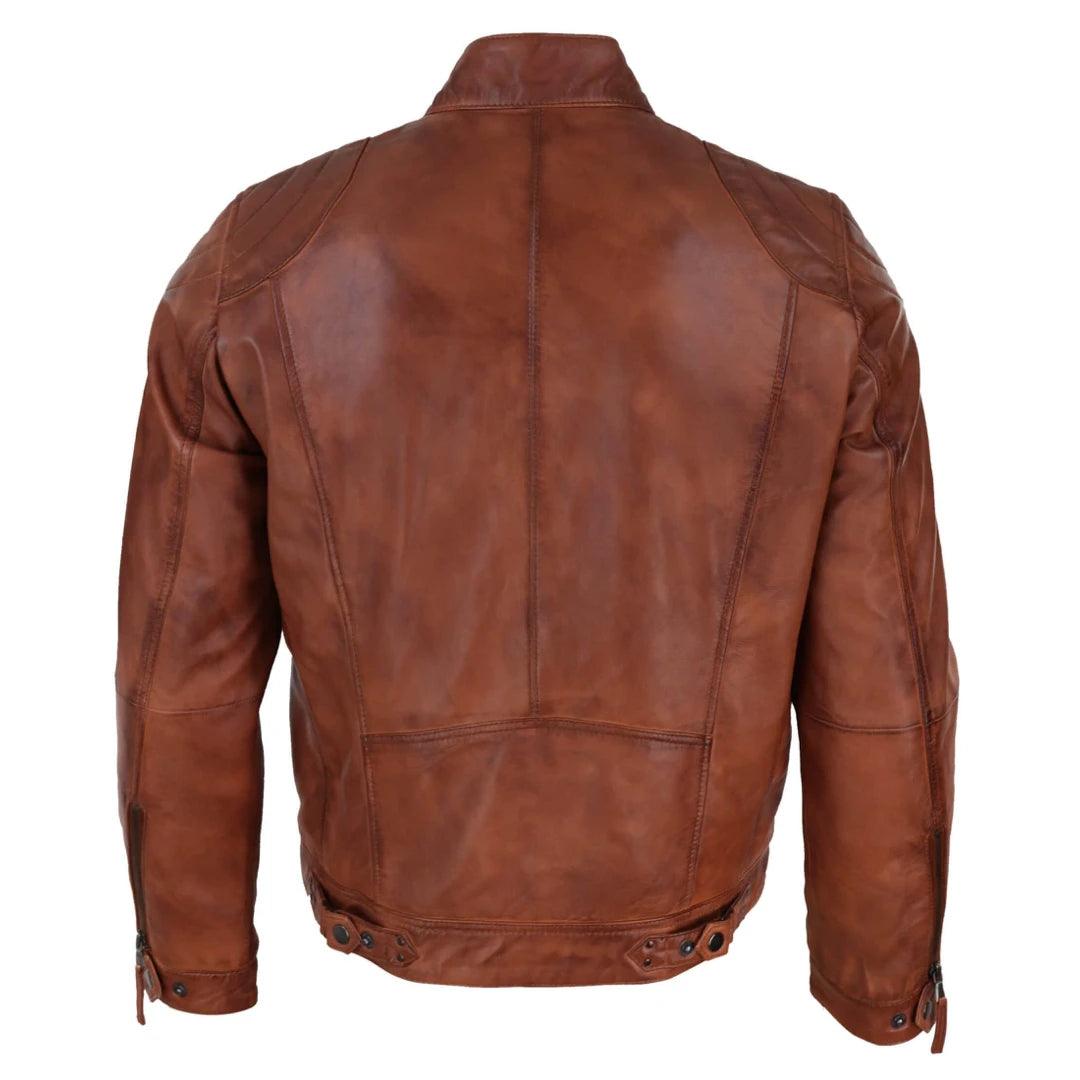 Mens Biker Zip Jacket Real Leather Casual Light Short Classic Retro Motorcycle - Knighthood Store