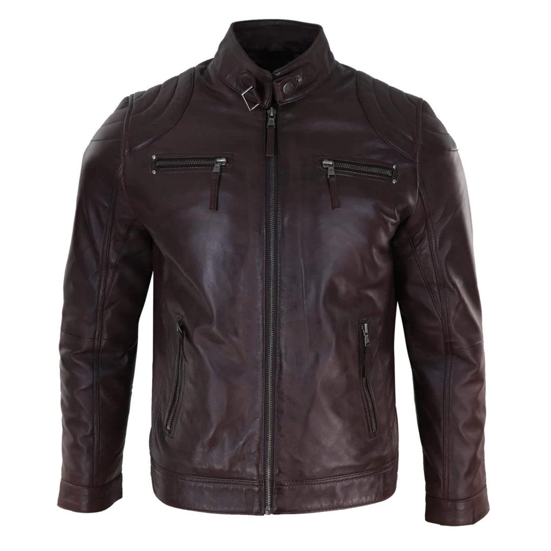 Mens Biker Zip Jacket Real Leather Casual Light Short Classic Retro Motorcycle - Knighthood Store