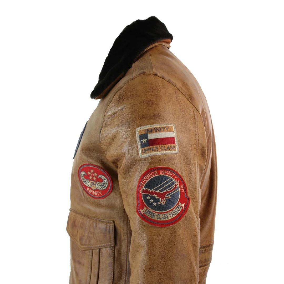 Mens Genuine Leather Air Force Pilot Bomber Jacket Tan Brown Badge Vintage Retro - Knighthood Store