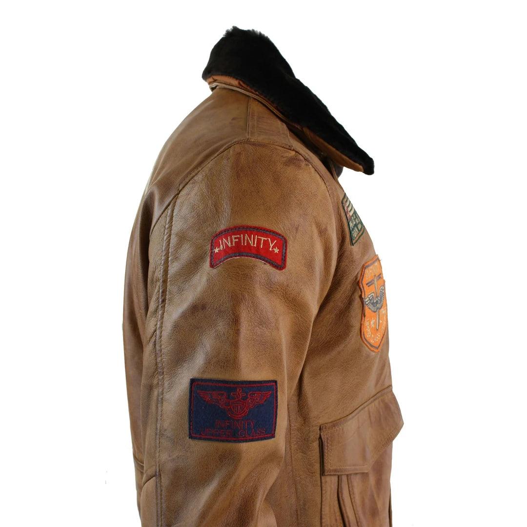 Mens Genuine Leather Air Force Pilot Bomber Jacket Tan Brown Badge Vintage Retro - Knighthood Store