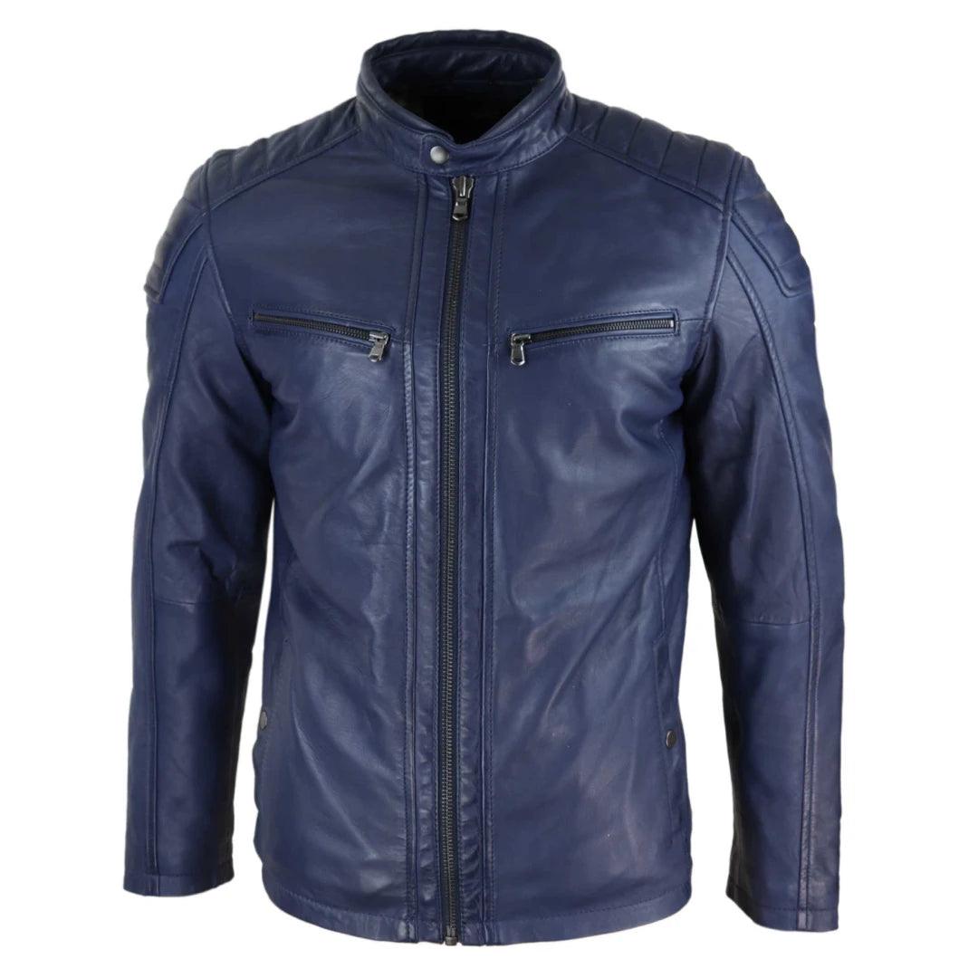 Mens Real Leather Jacket Tailored Fit Biker Zipped Smart Casual Retro Vintage - Knighthood Store