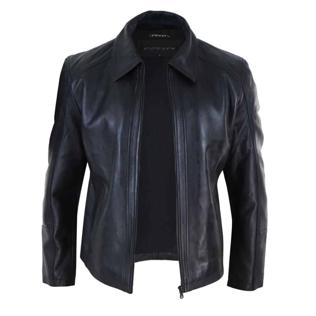 Mens Real Leather Jacket Black Tan Zipped Driving Classic Smart Casual Soft Napa - Knighthood Store