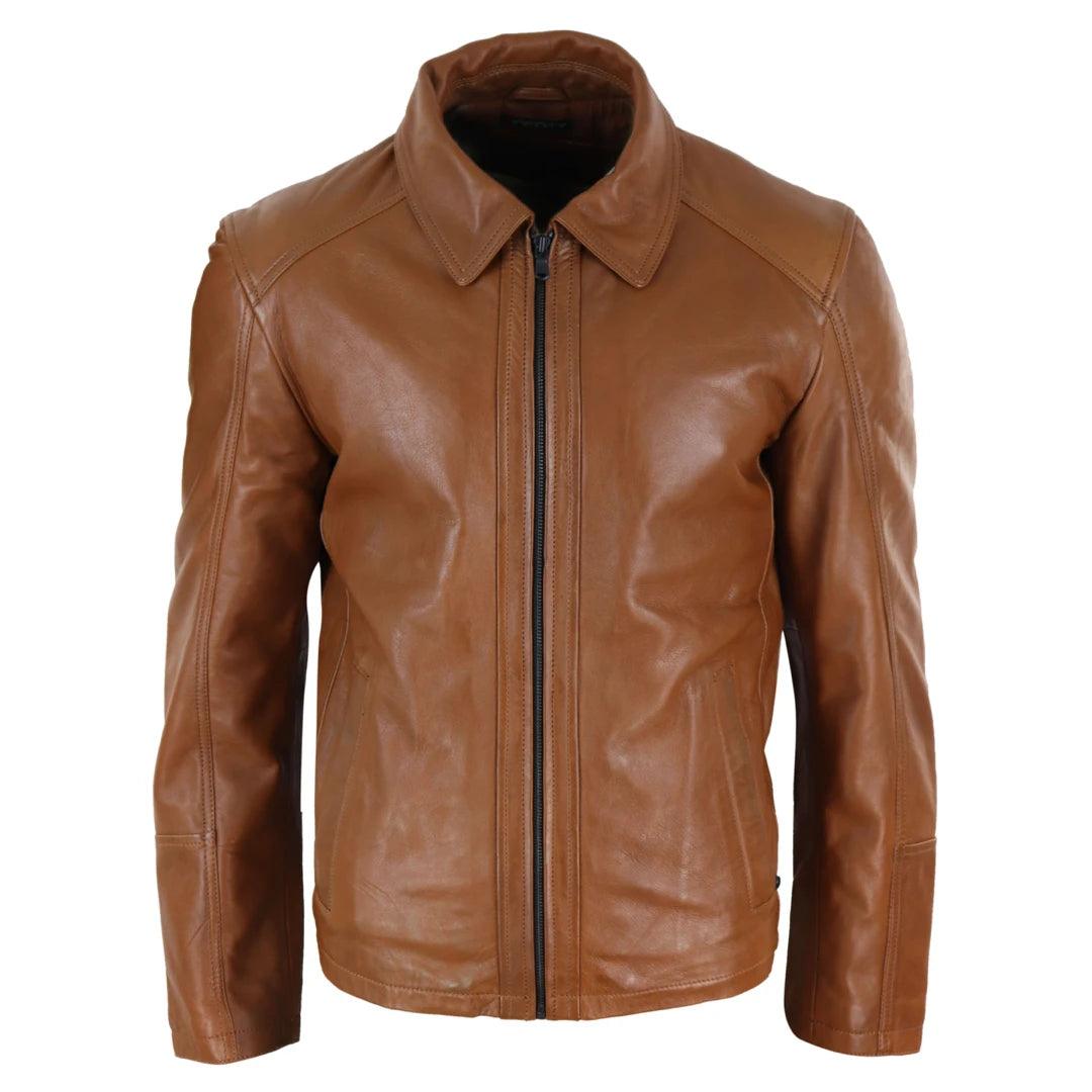 Mens Real Leather Jacket Black Tan Zipped Driving Classic Smart Casual Soft Napa - Knighthood Store