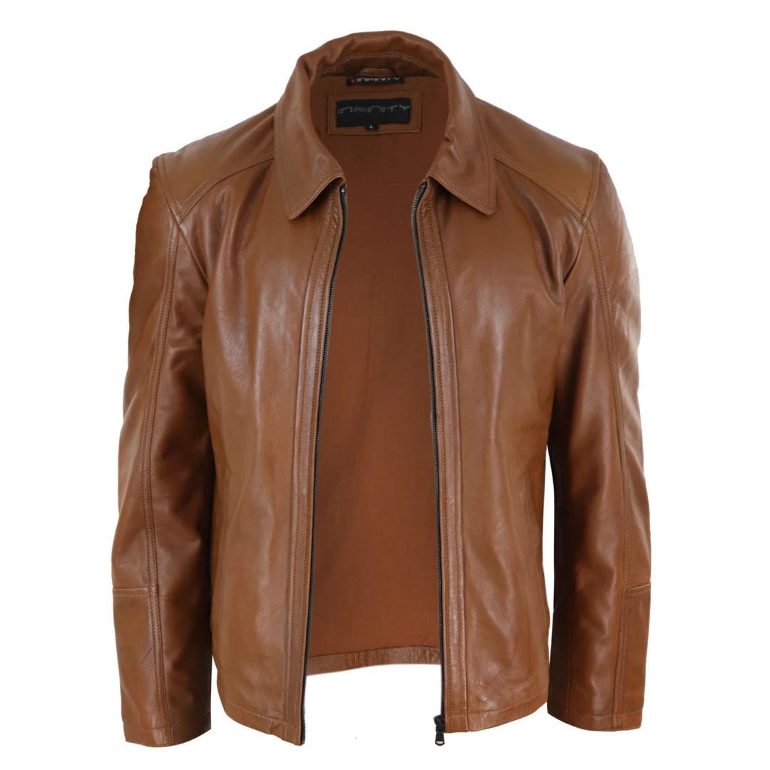 Mens Real Leather Jacket Black Tan Zipped Driving Classic Smart Casual Soft Napa - Knighthood Store