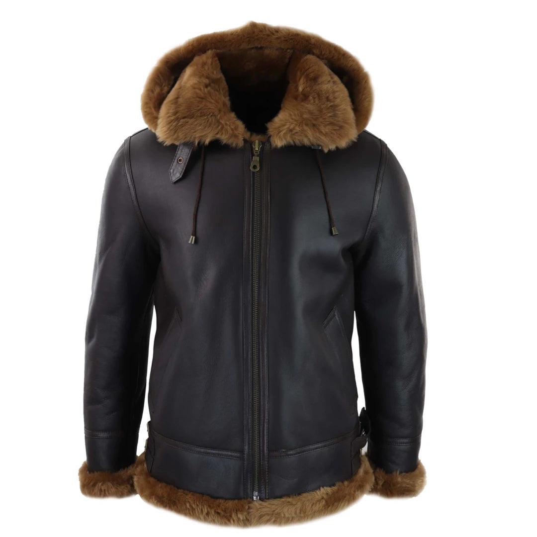 Mens Real Leather Sherling Sheepskin Hood Jacket Vintage Aviator Flying Pilot - Knighthood Store