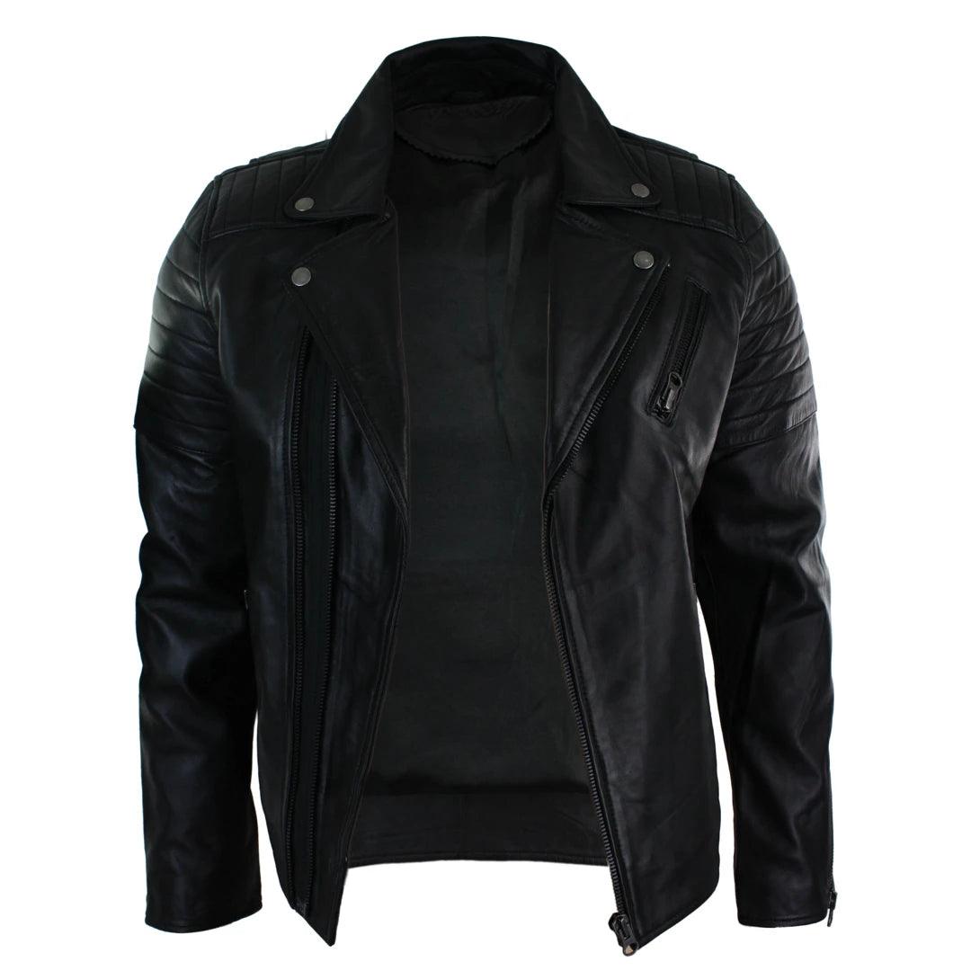 Mens Slim Fit Cross Zip Retro Vintage Brando Real Leather Jacket Vintage Biker - Knighthood Store