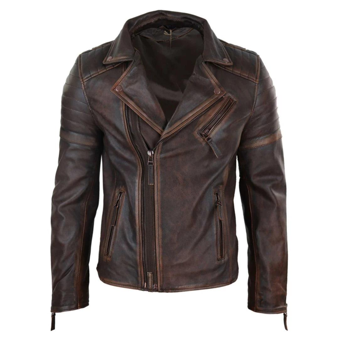 Mens Slim Fit Cross Zip Retro Vintage Brando Real Leather Jacket Vintage Biker - Knighthood Store