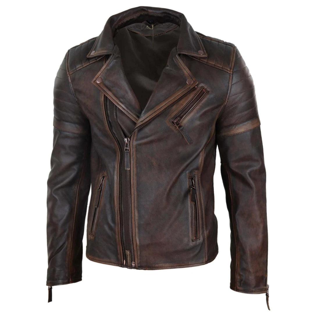 Mens Slim Fit Cross Zip Retro Vintage Brando Real Leather Jacket Vintage Biker - Knighthood Store