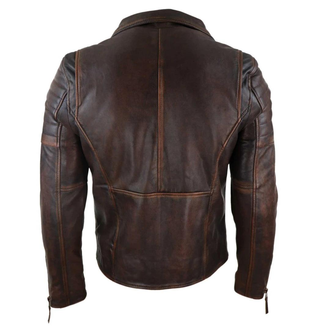 Mens Slim Fit Cross Zip Retro Vintage Brando Real Leather Jacket Vintage Biker - Knighthood Store