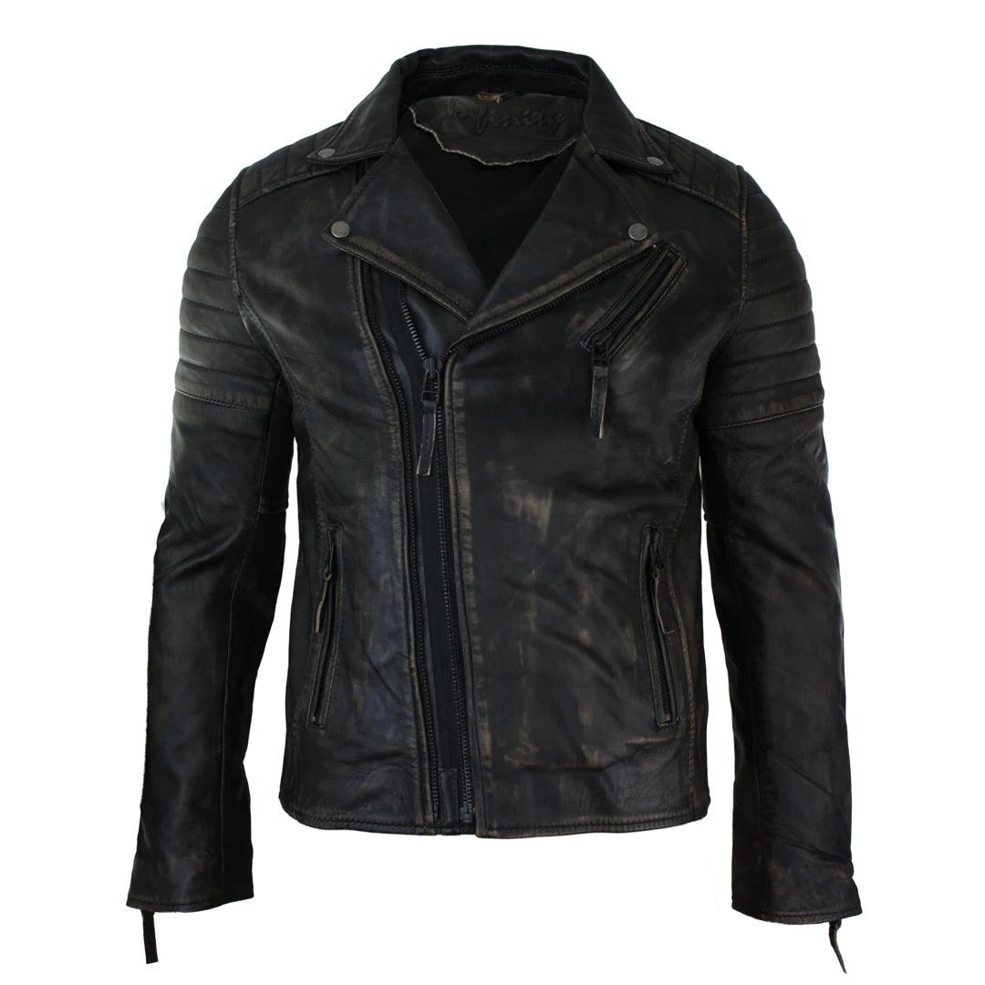 Mens Slim Fit Cross Zip Retro Vintage Brando Real Leather Jacket Vintage Biker - Knighthood Store