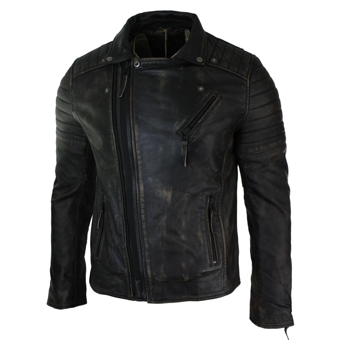Mens Slim Fit Cross Zip Retro Vintage Brando Real Leather Jacket Vintage Biker - Knighthood Store