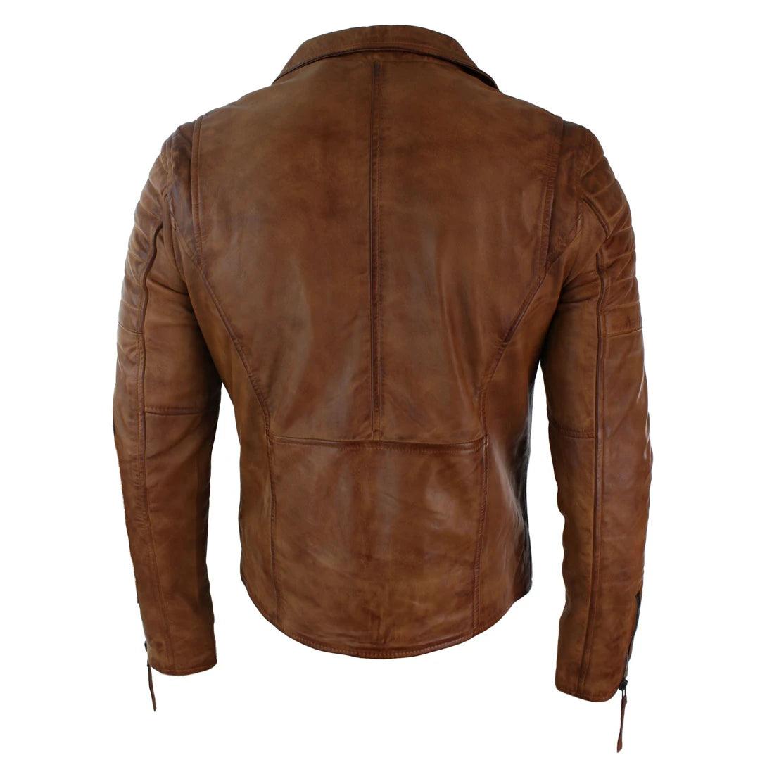 Mens Slim Fit Cross Zip Retro Vintage Brando Real Leather Jacket Vintage Biker - Knighthood Store