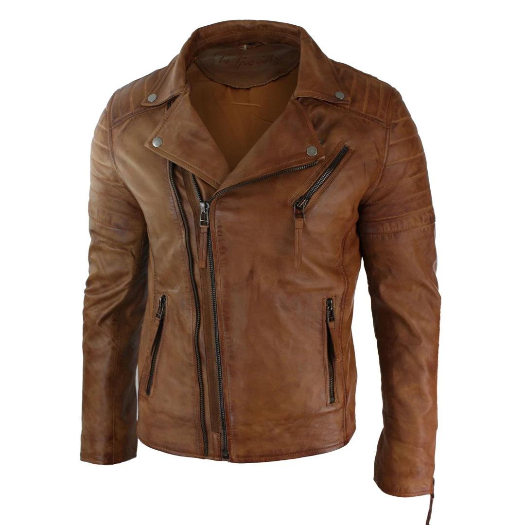 Mens Slim Fit Cross Zip Retro Vintage Brando Real Leather Jacket Vintage Biker - Knighthood Store